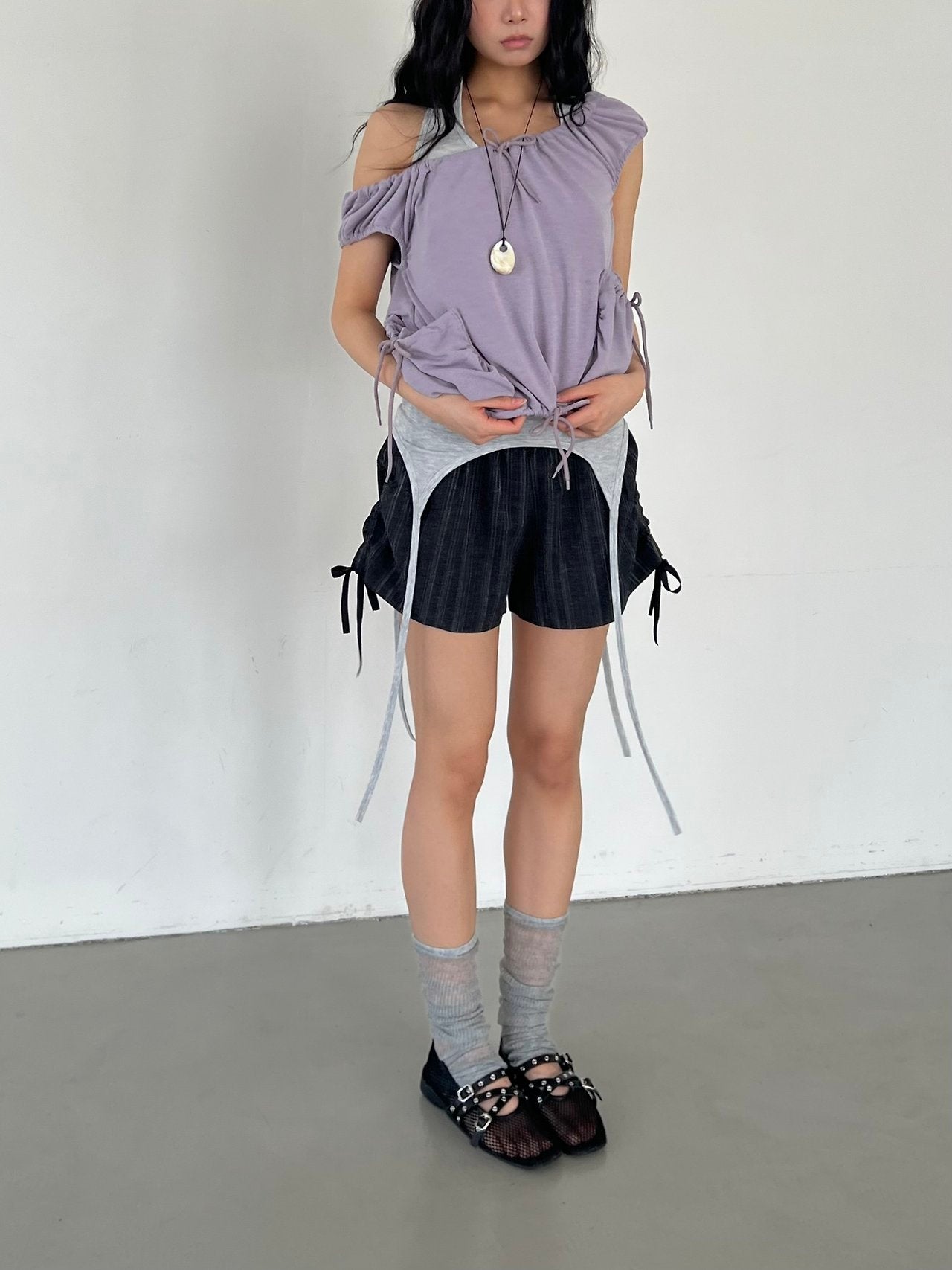 ASKHAKI Off-Shoulder Wide Neck Drawstring Ruffle Pocket Cropped Top