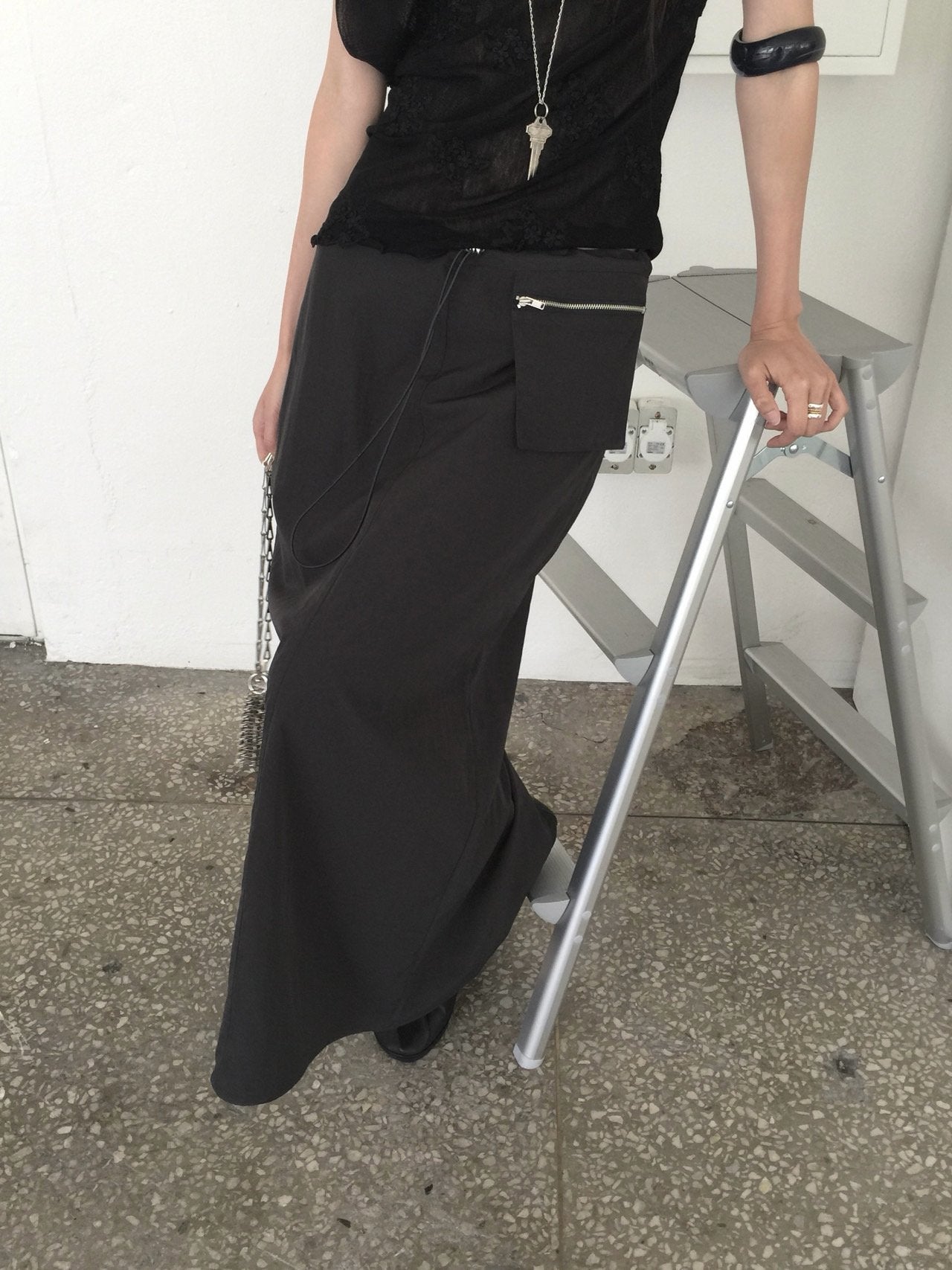 Nweol low rise zip pocket maxi skirt in Black, zip pocket and drawstring waistband close-up