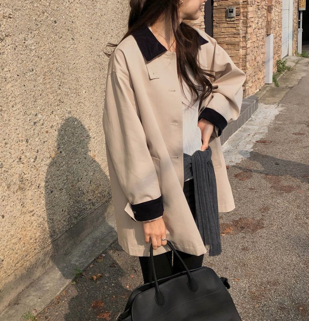 Oversized Contrast Collar Corduroy Trim Long Coat
