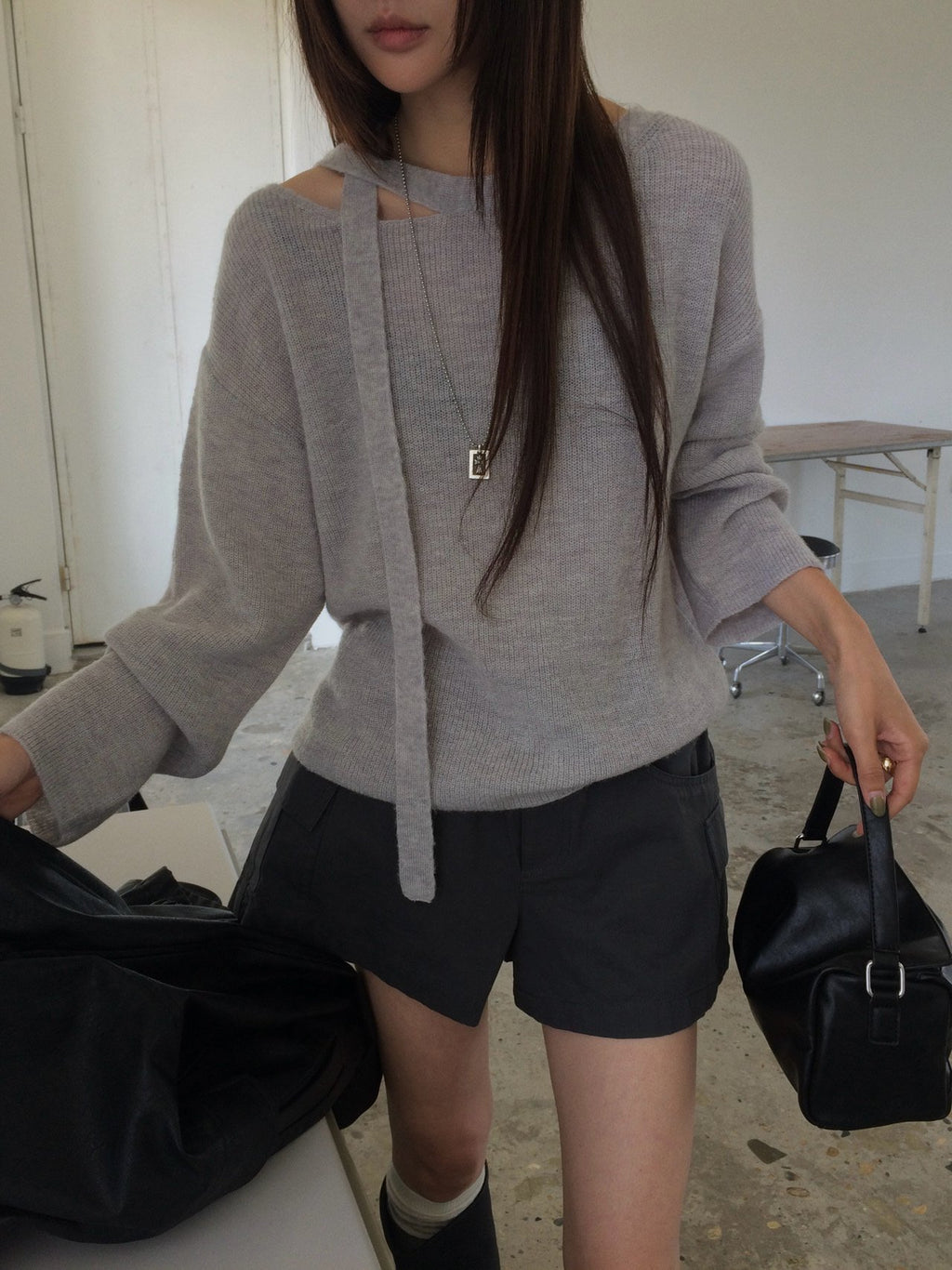 Off-Shoulder Strap Cutout Loose Fit Long Sleeve Knit Top