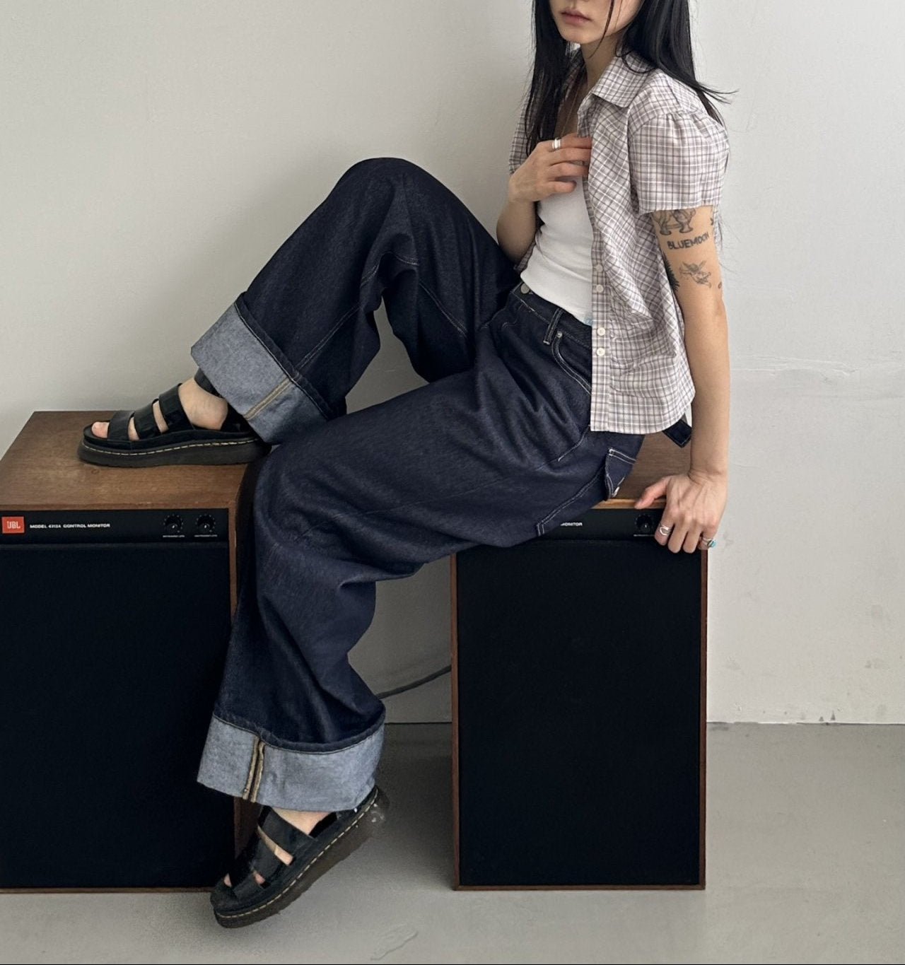 ASKHAKI Check Shirring Puff Sleeve Cropped Button Shirt