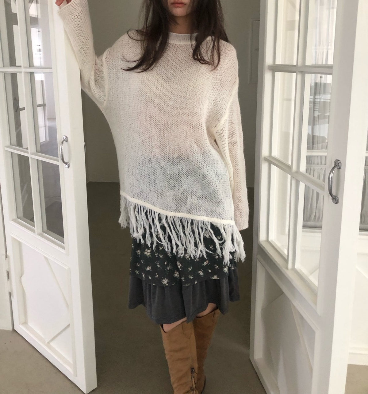 Open-Knit Fringe Sweater Ivory side view fringe hem detail
