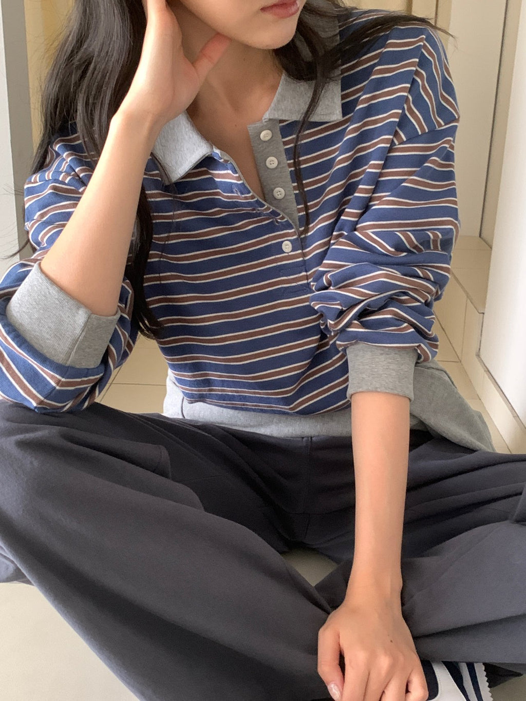 Striped Polo Collar Long Sleeve Tee with Side Slits