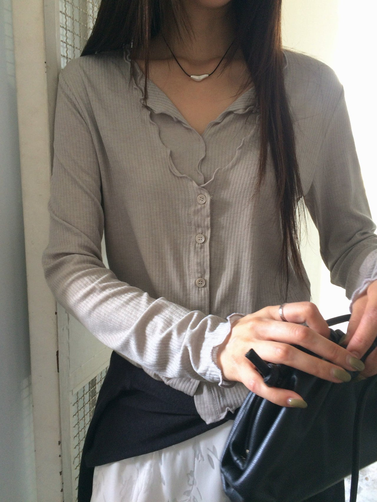 Wave Hem Ribbed Button-Front Long Sleeve Top