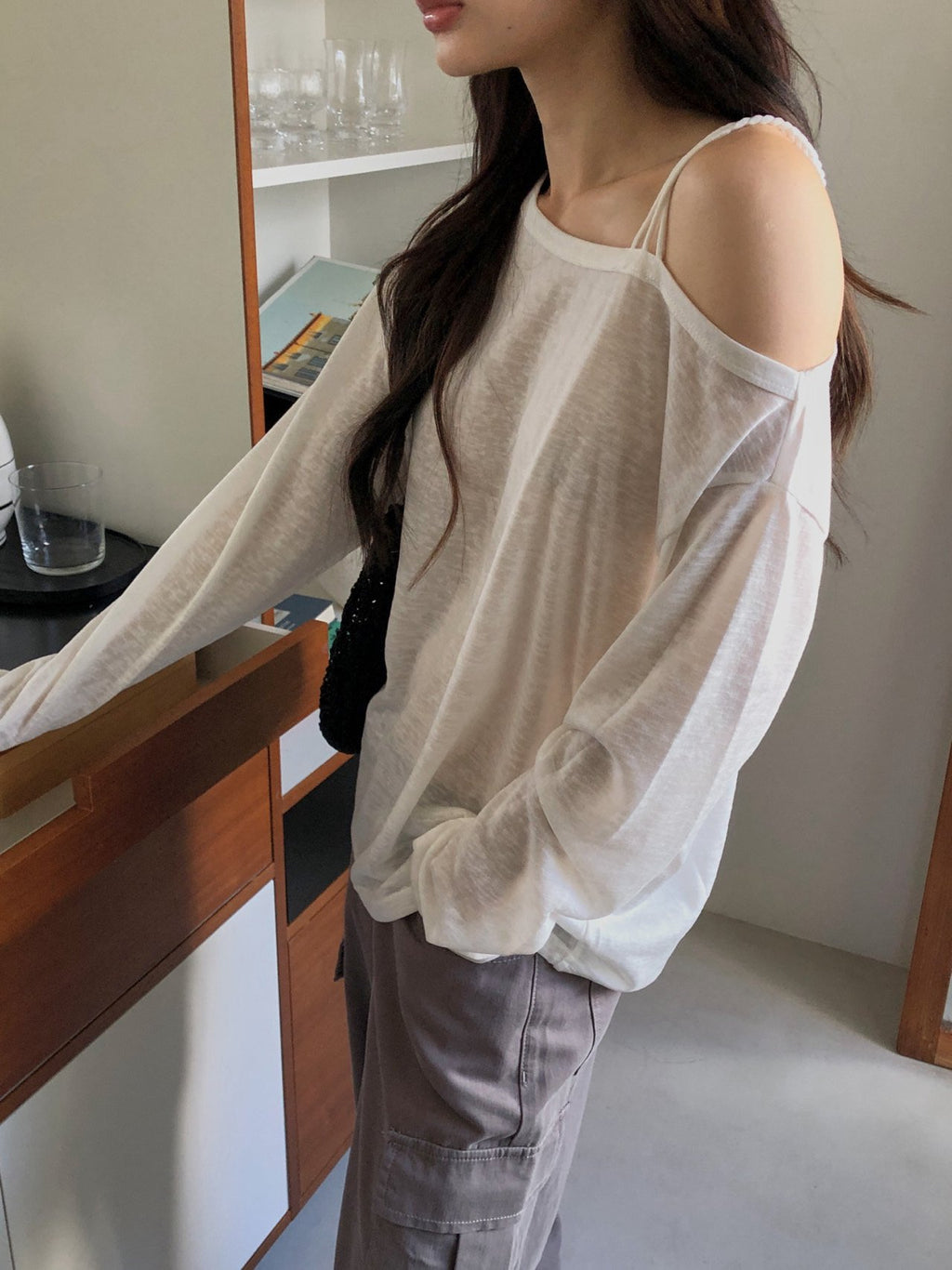 Off Shoulder Strap Detail Long Sleeve Top