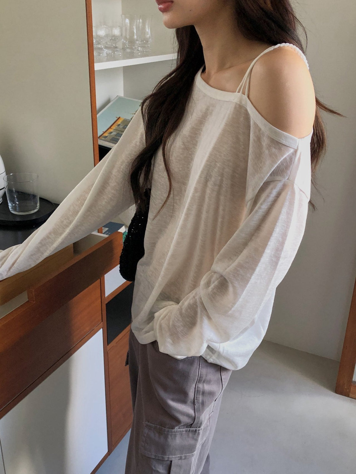 Off Shoulder Strap Detail Long Sleeve Top
