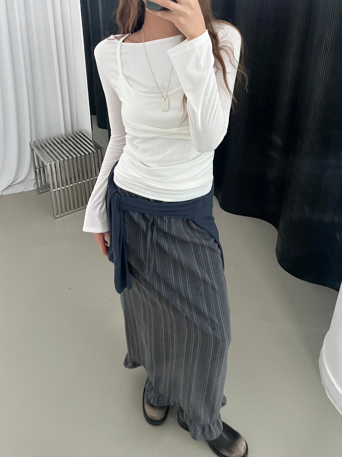 Layered Look Long Sleeve Top with Ruched Strap Detail