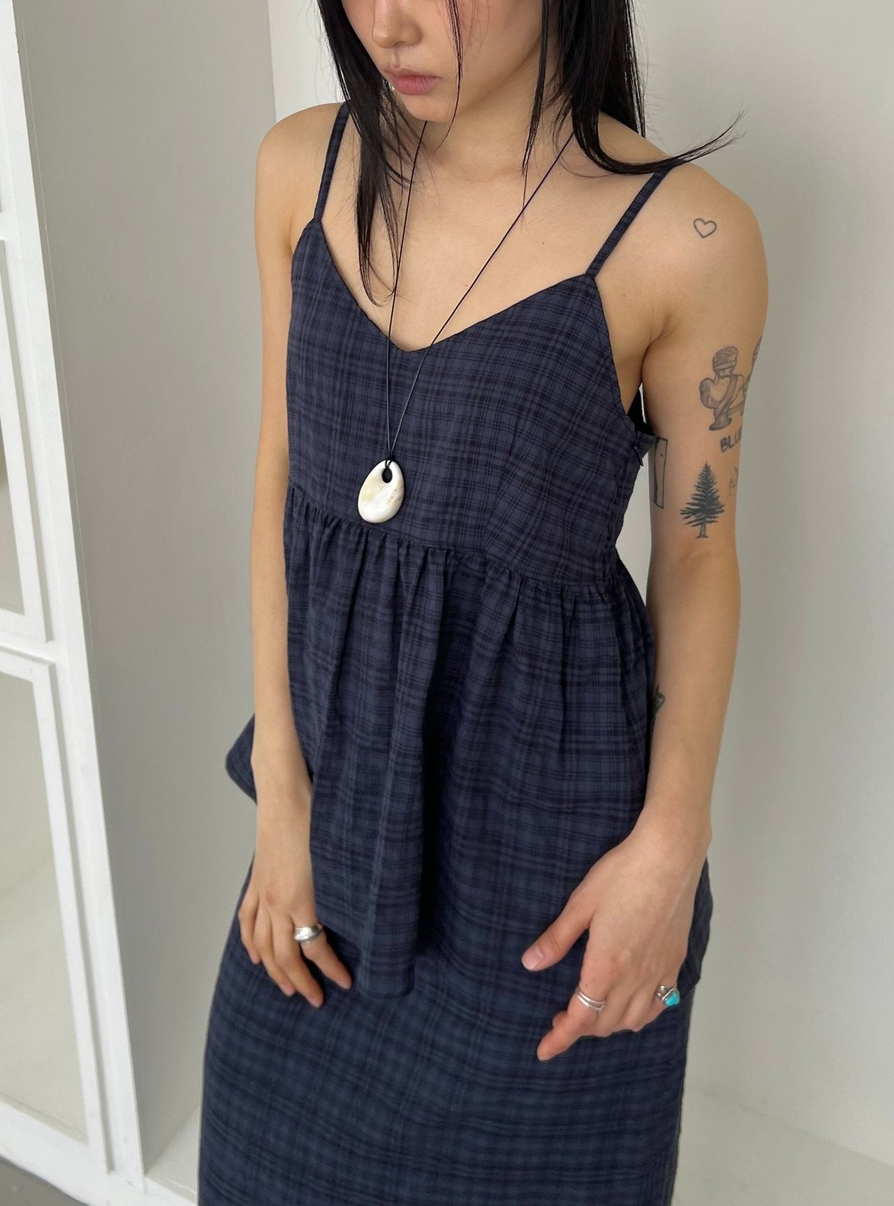 ASKHAKI Check Texture Spaghetti Strap Blouse and Maxi Skirt Set