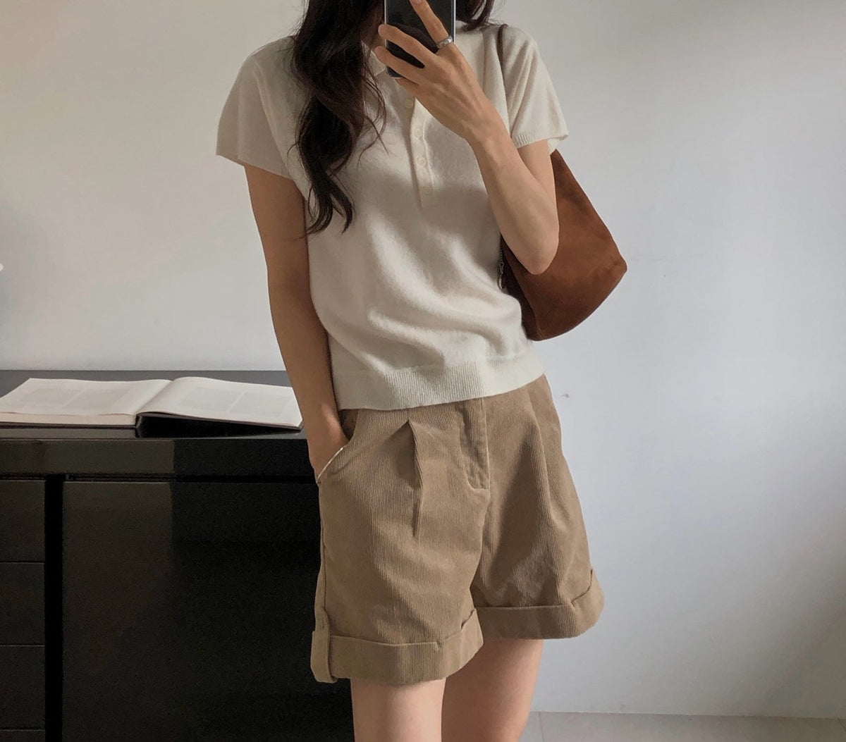 High Waist Pleated Roll-Up Corduroy Shorts