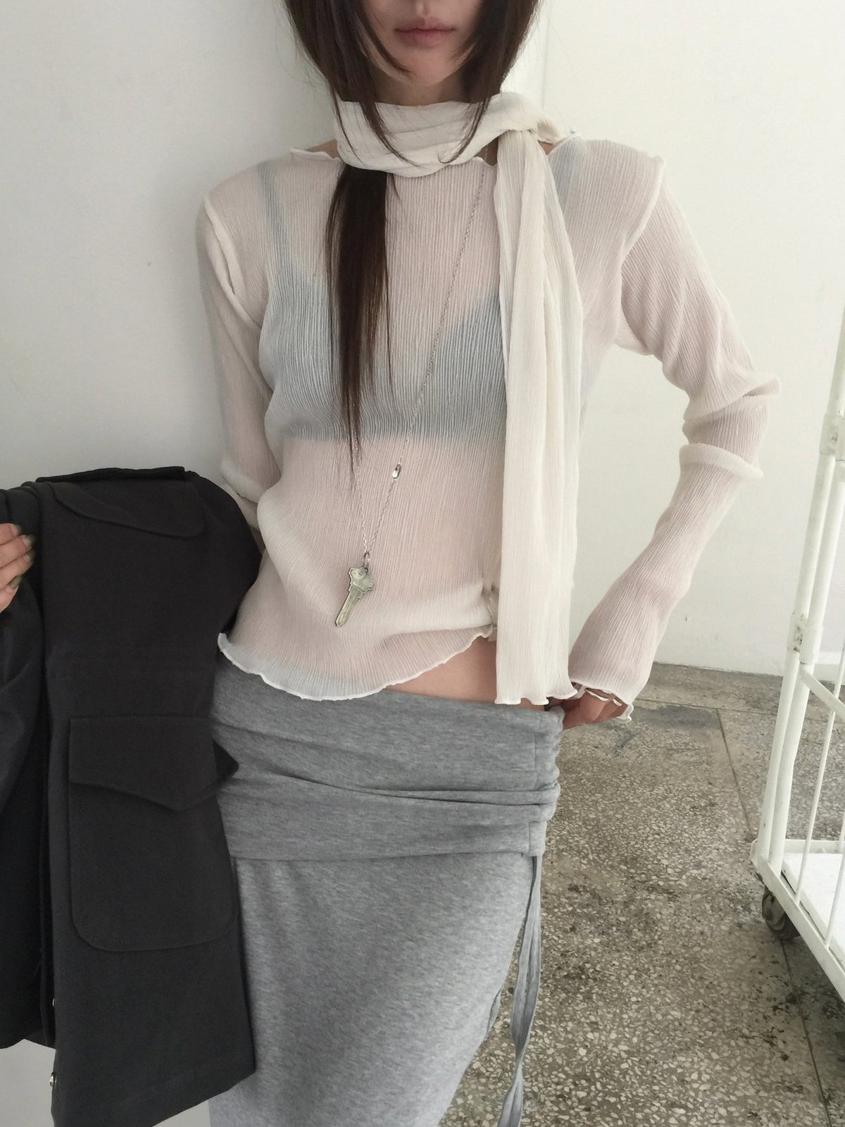 Pleated Long Sleeve Top with Scarf Set