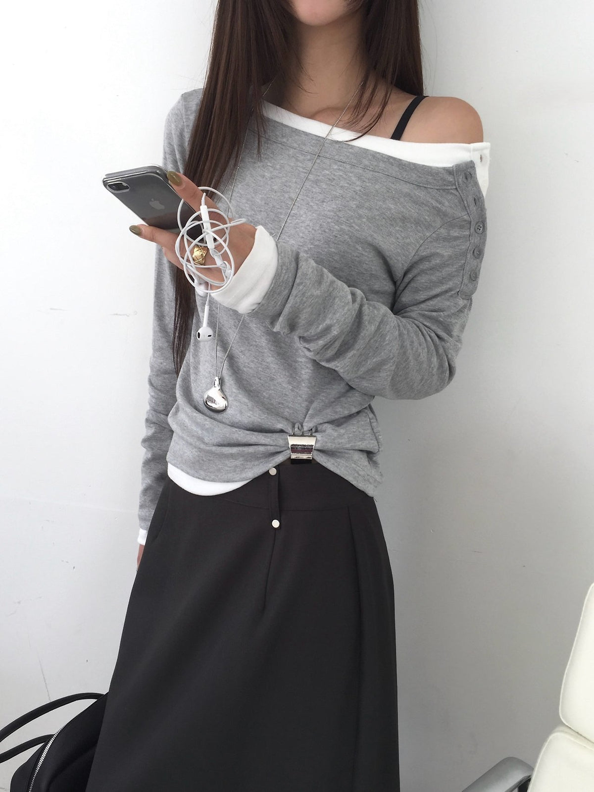 Off-Shoulder Button Long Sleeve Top