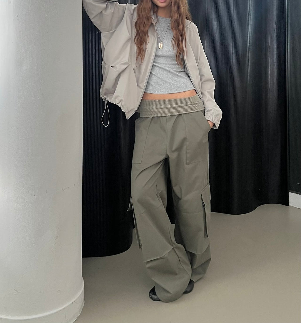 Stand Collar Full Zip Cropped Jacket with Pleated Panel Detail