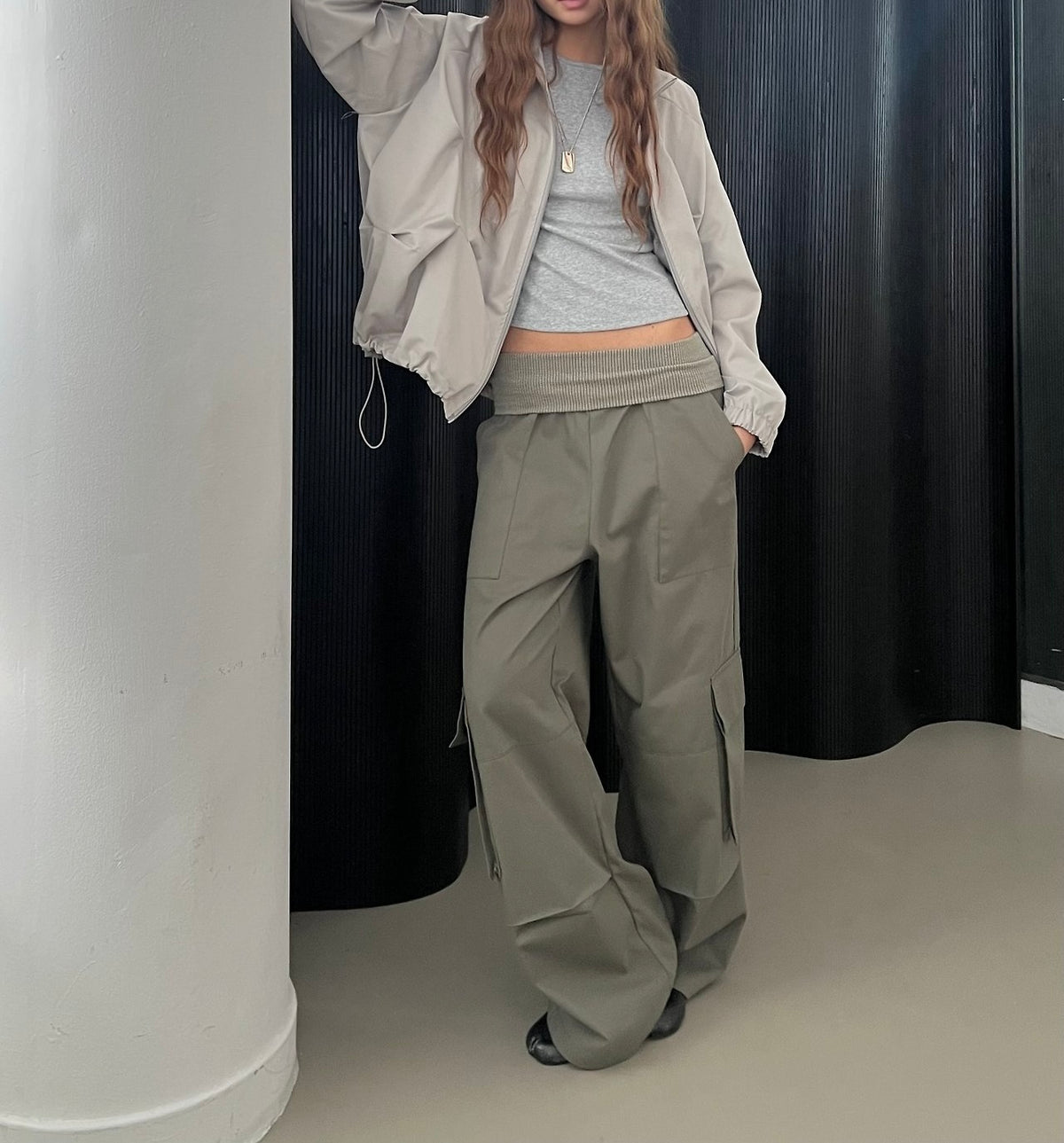 Stand Collar Full Zip Cropped Jacket with Pleated Panel Detail