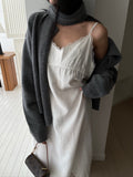 Side and back view of ivory cardigan with matching scarf