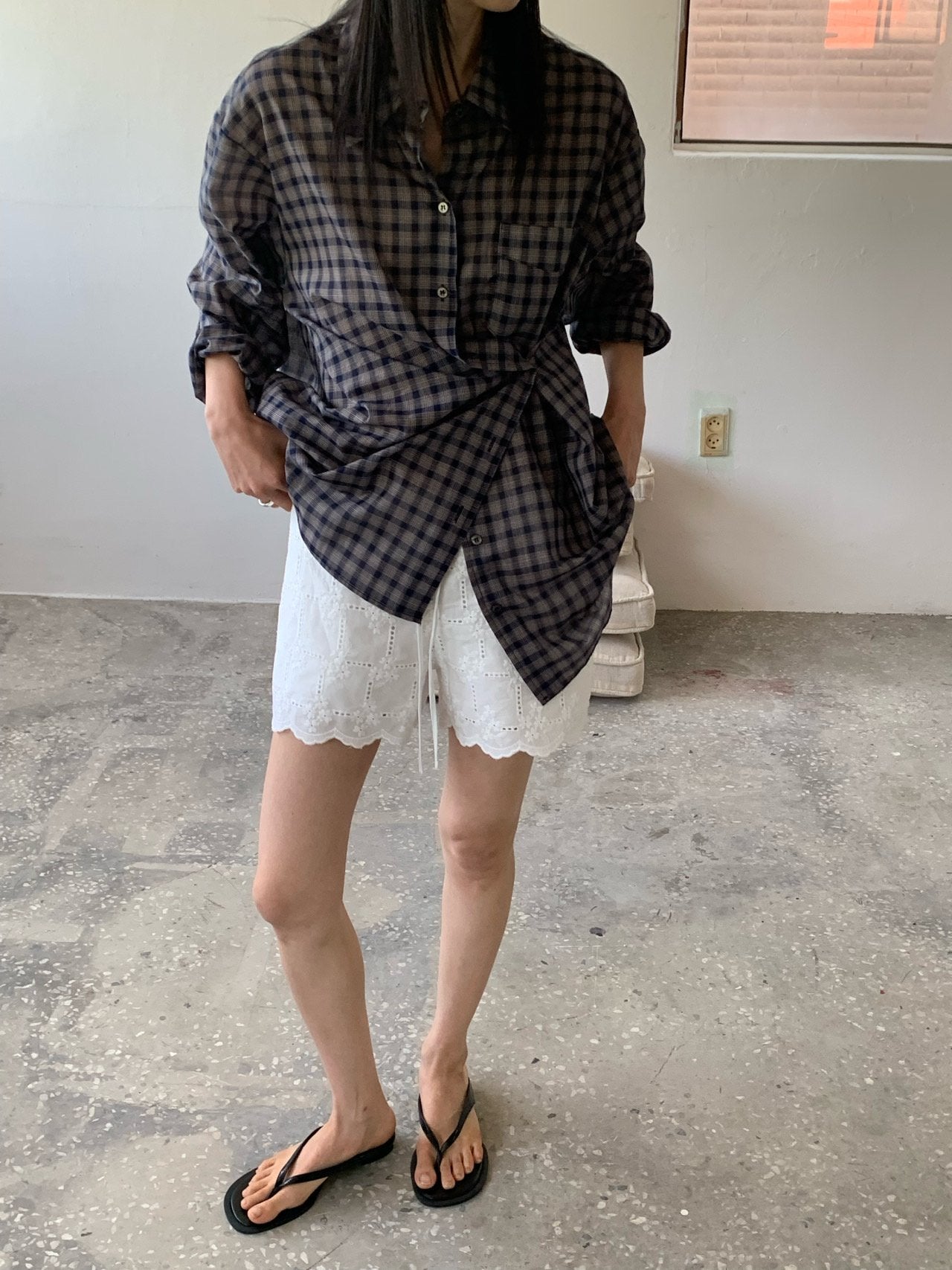 VAARA Eyelet Embroidery Scallop Hem Shorts with Drawstring Elastic Waist