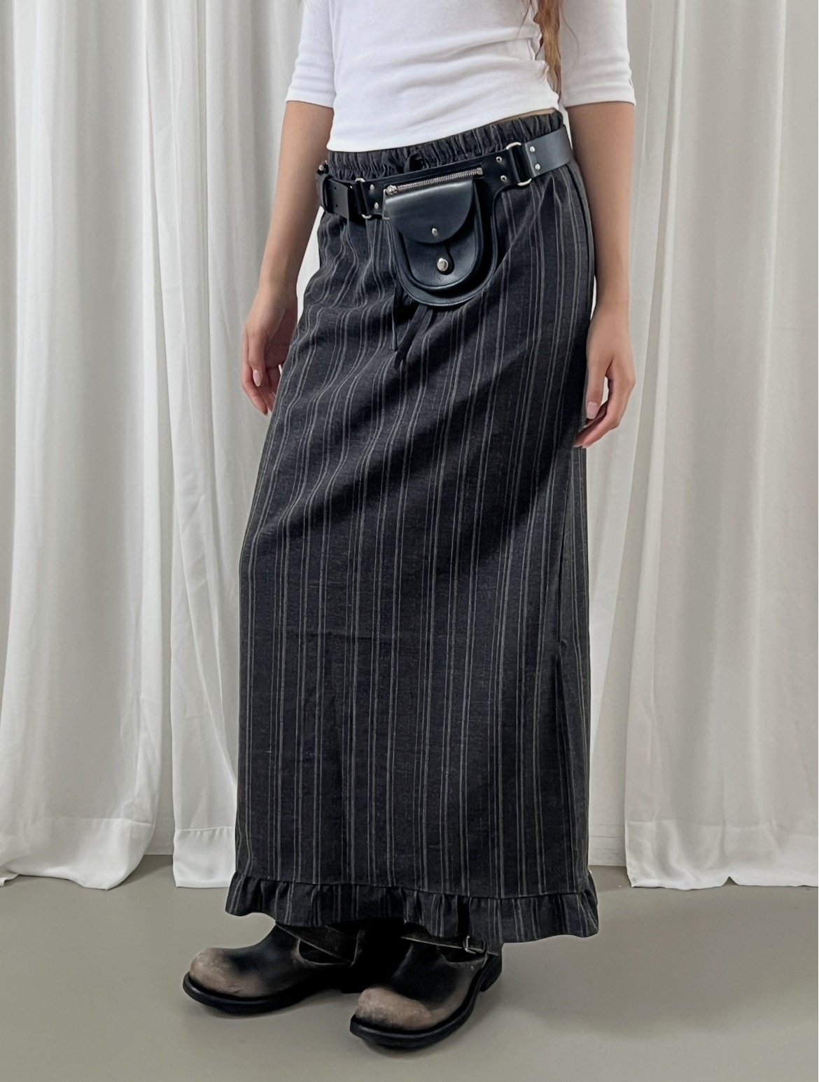 Pinstripe Maxi Skirt with Contrast Waist Band and Ruffle Hem