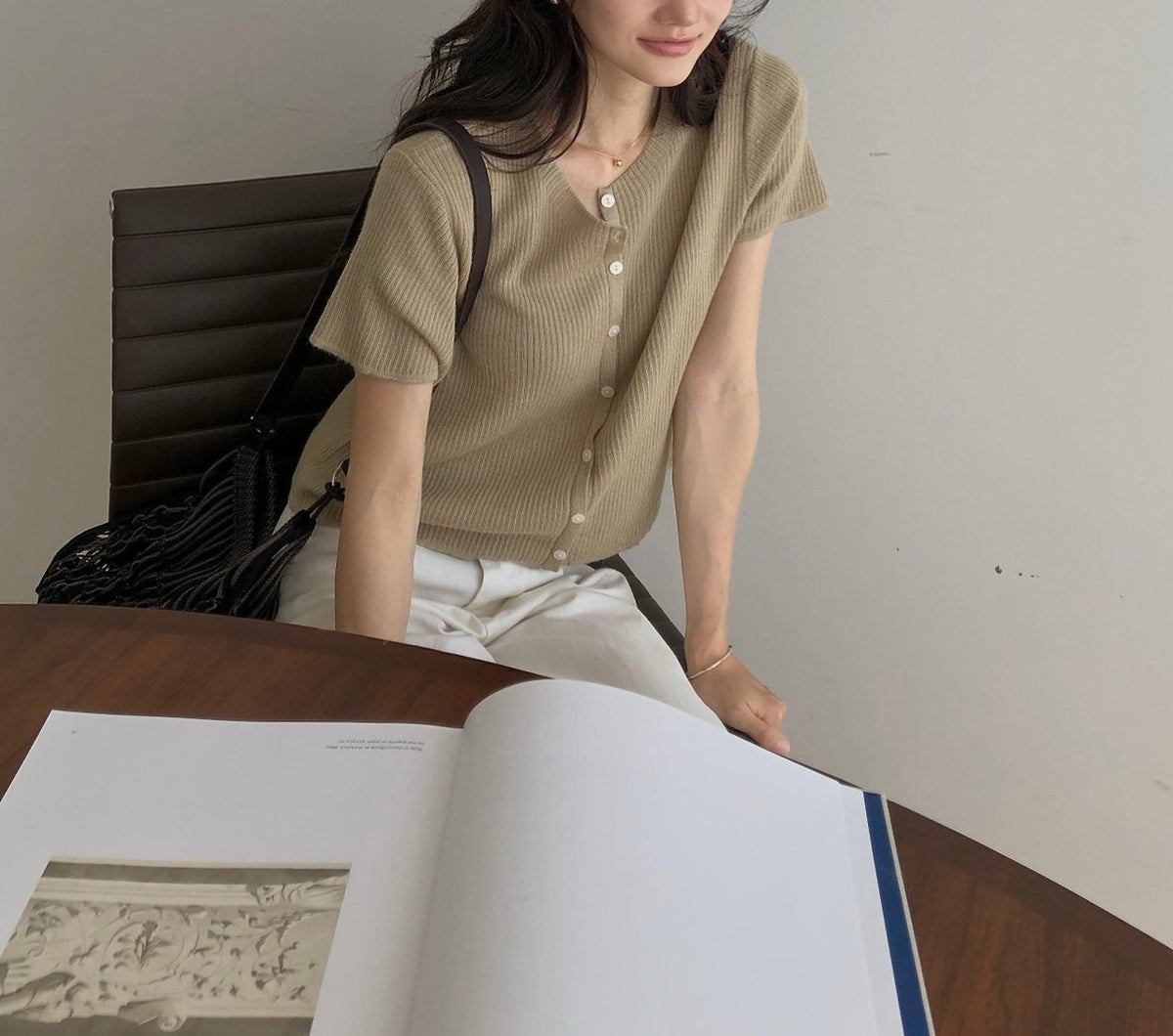Round Neck Button Front Cropped Ribbed Short Sleeve Cardigan