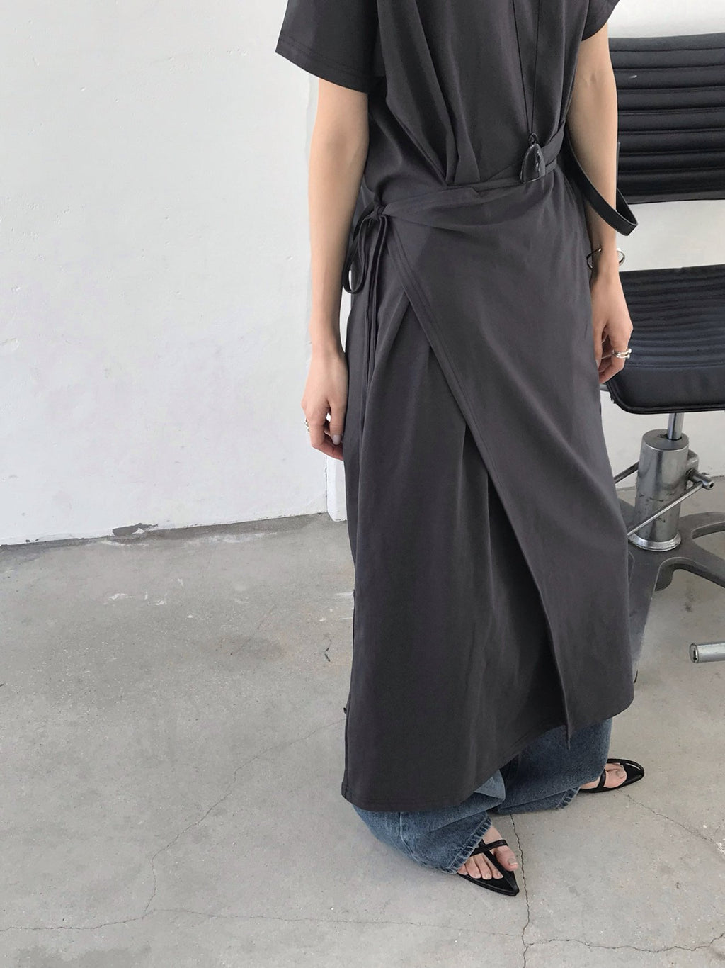 Jeiin Crew Neck Short Sleeve Wrap Panel Midi Dress