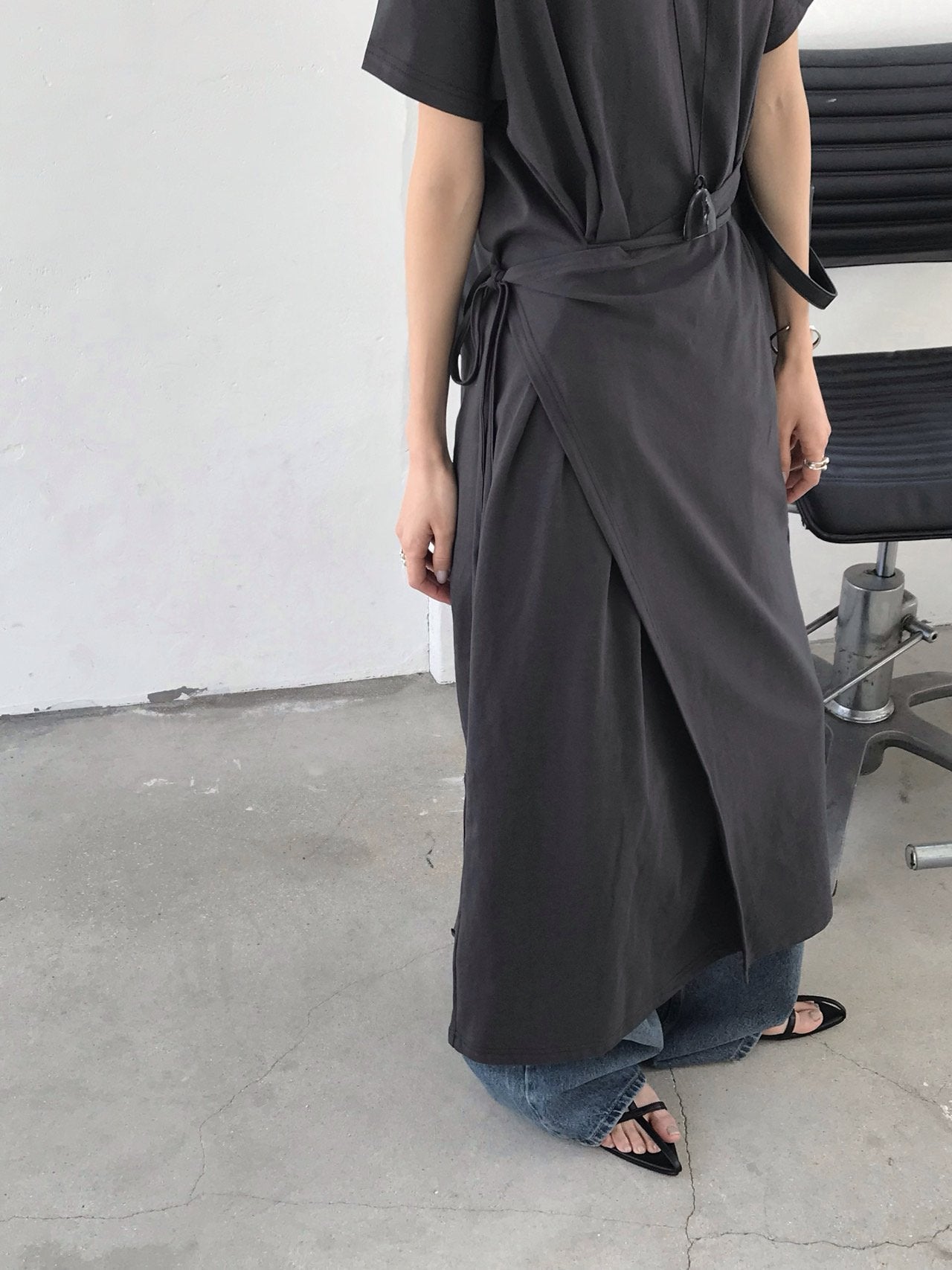 Jeiin Crew Neck Short Sleeve Wrap Panel Midi Dress