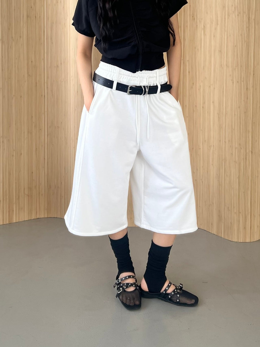 ASKHAKI Double Belt Wide Leg Bermuda Shorts