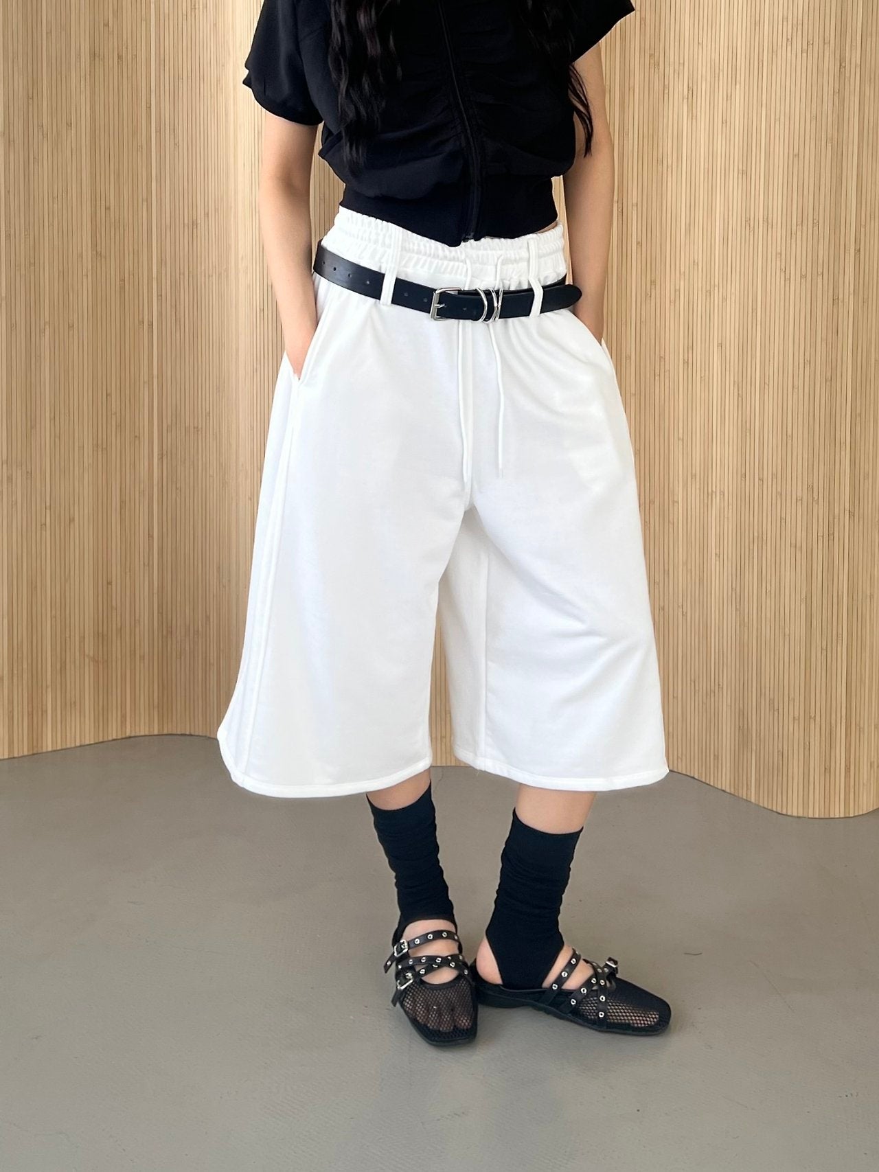 ASKHAKI Double Belt Wide Leg Bermuda Shorts