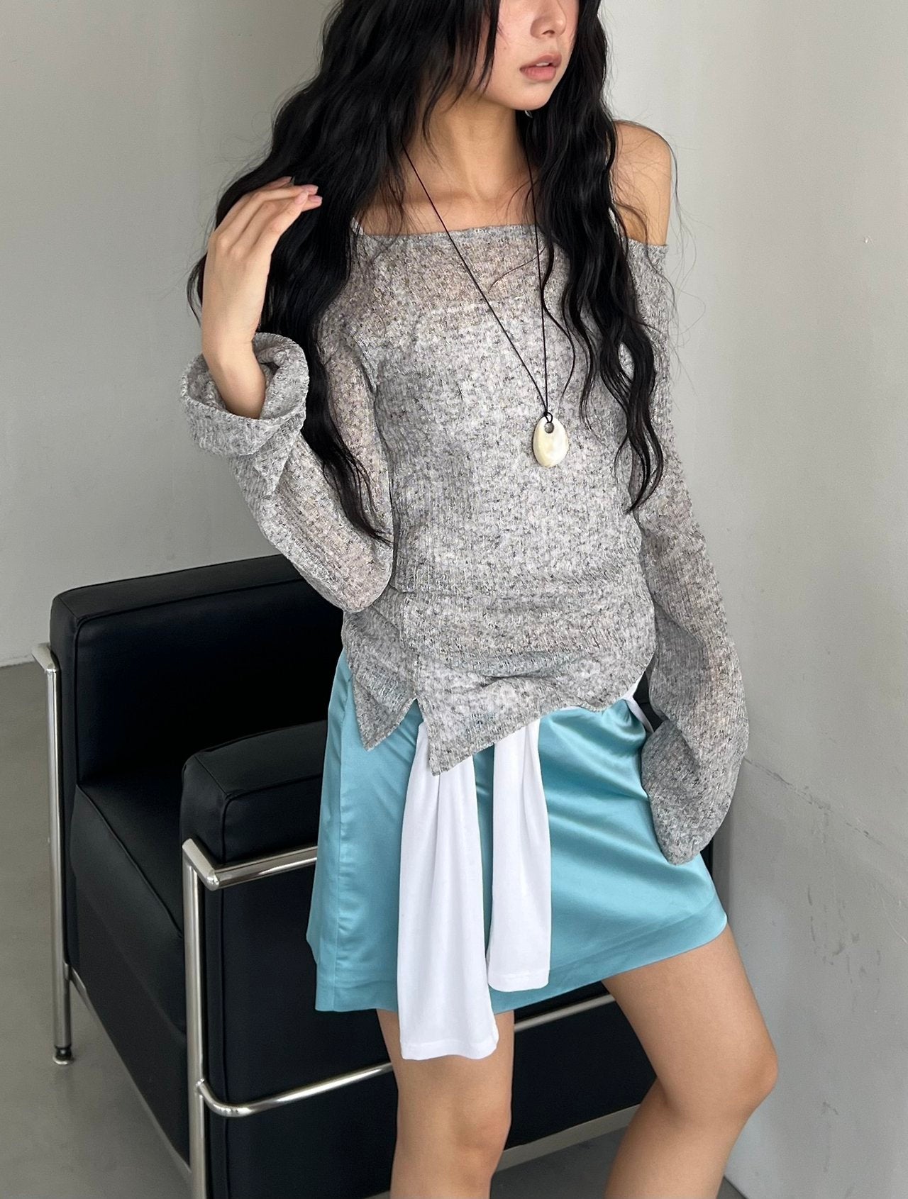 ASKHAKI Off-Shoulder Wide Neck Flare Cuff Asymmetric Hem Knit Top