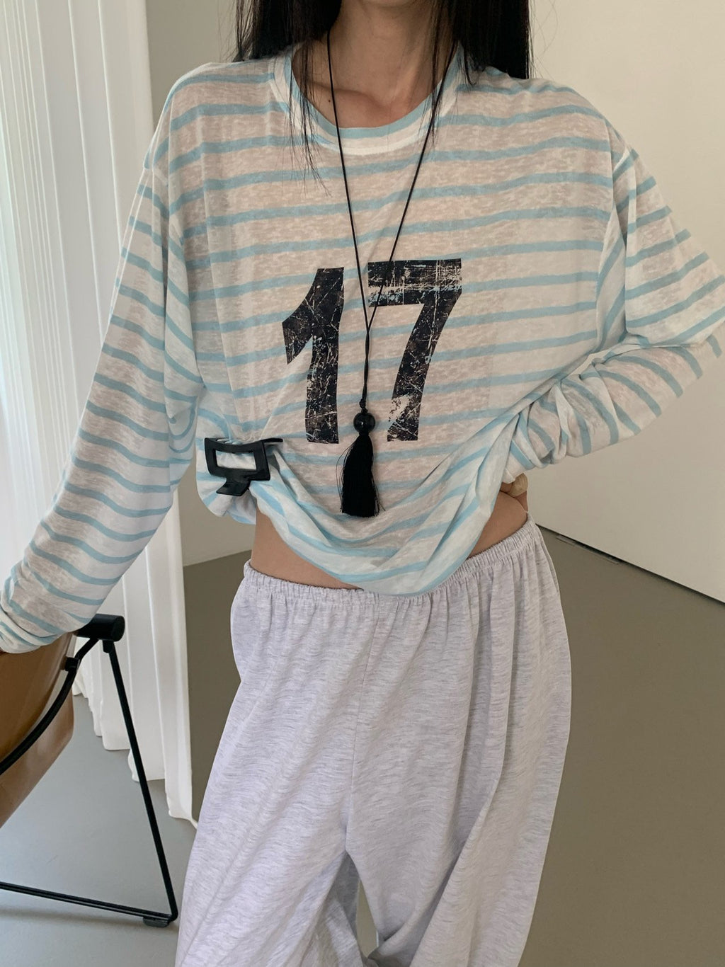 VAARA Number 17 Stripe Oversized Crew Neck Long Sleeve T-Shirt