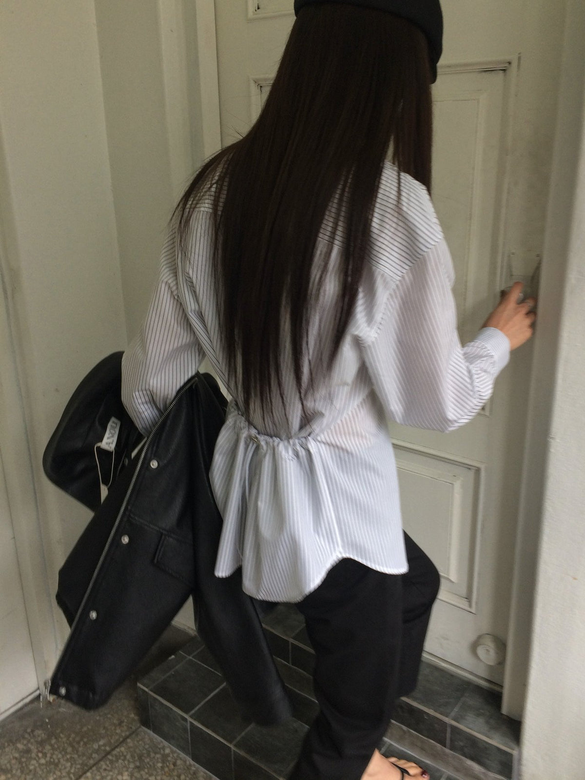 Stripe Overfit Shirt with Back Drawstring Detail