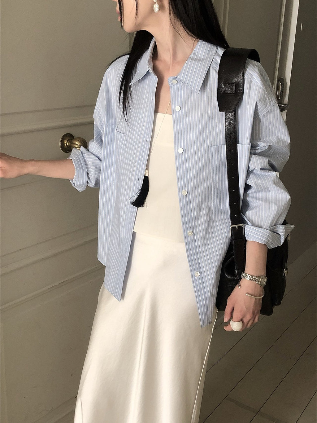 LeButter Pinstripe Oversized Long Sleeve Shirt — Cotton Rayon Blend