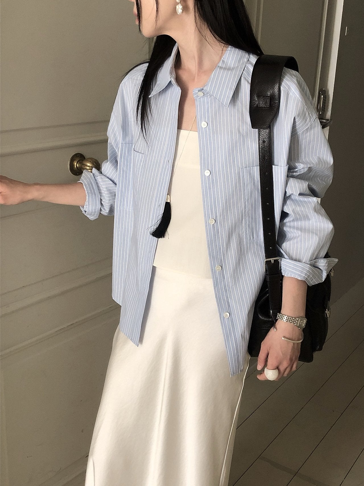 LeButter Pinstripe Oversized Long Sleeve Shirt — Cotton Rayon Blend