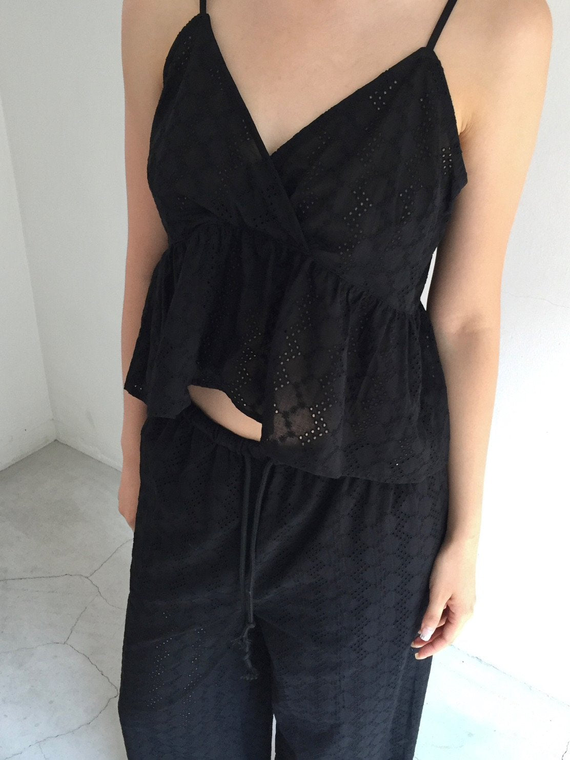 Lovemoment Eyelet Lace V-Neck Spaghetti Strap Tank Top (+Optional Pants)
