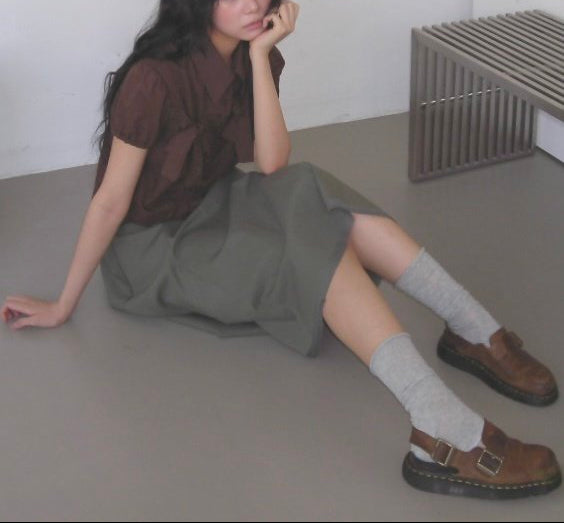 ASKHAKI Ribbon Bow Puff Sleeve Cropped Shirt Blouse