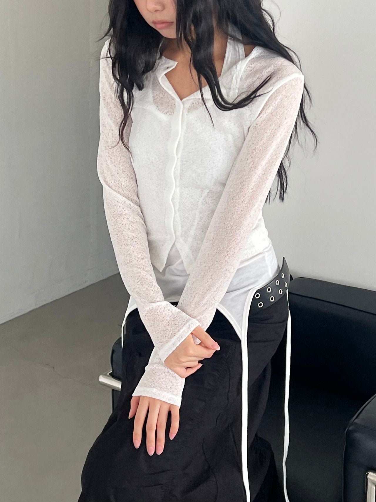 ASKHAKI Sheer Texture Button Front Slim Cropped Cardigan