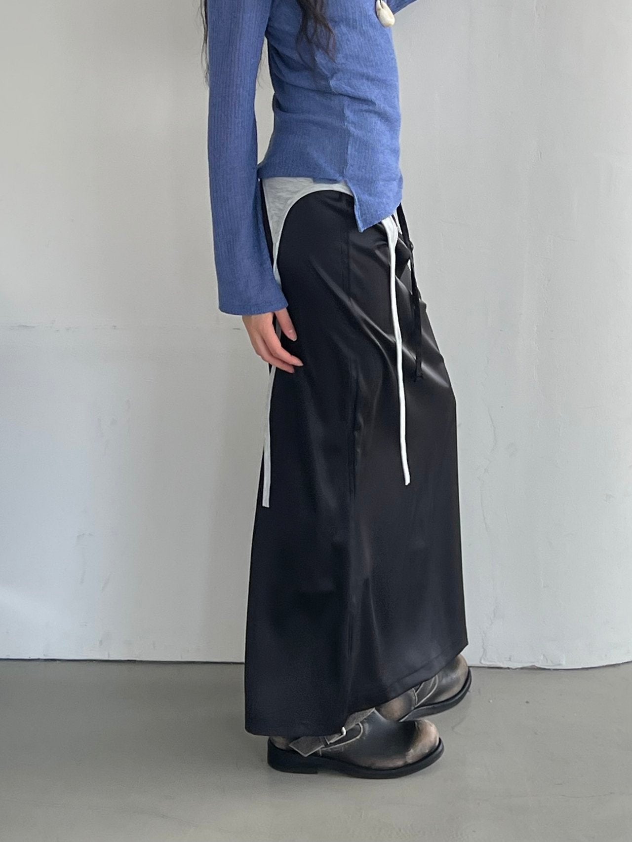 ASKHAKI Contrast Piping Drawstring Wide Leg Long Skirt