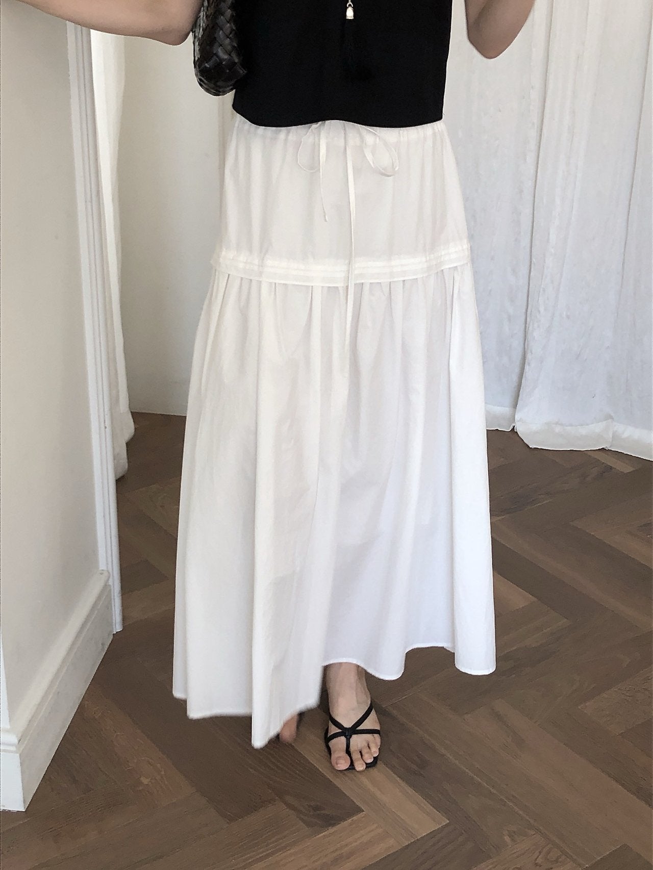 LeButter Pin Tuck Panel Maxi Skirt — Drawstring Elastic Waist
