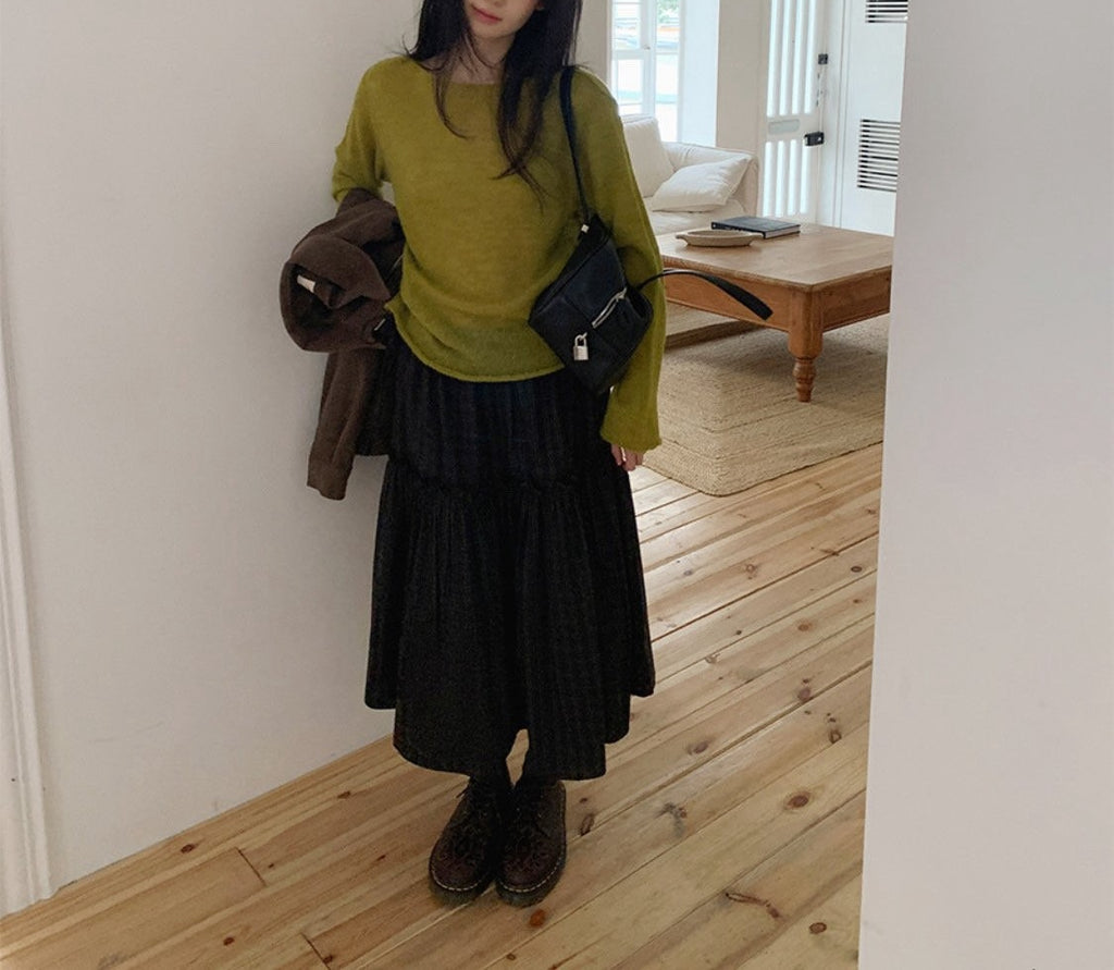 Tiered Midi Skirt with Check Pattern and Drawstring Waist