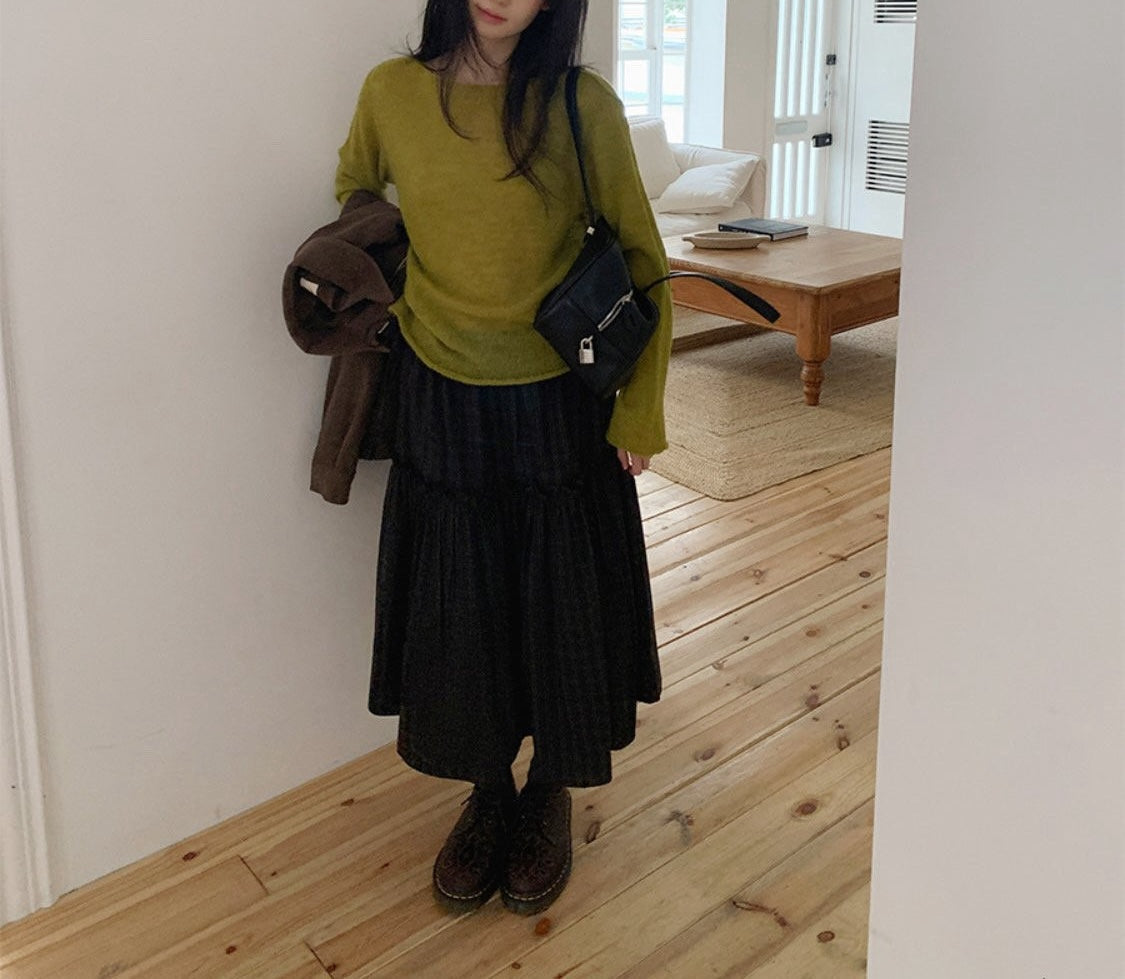 Tiered Midi Skirt with Check Pattern and Drawstring Waist