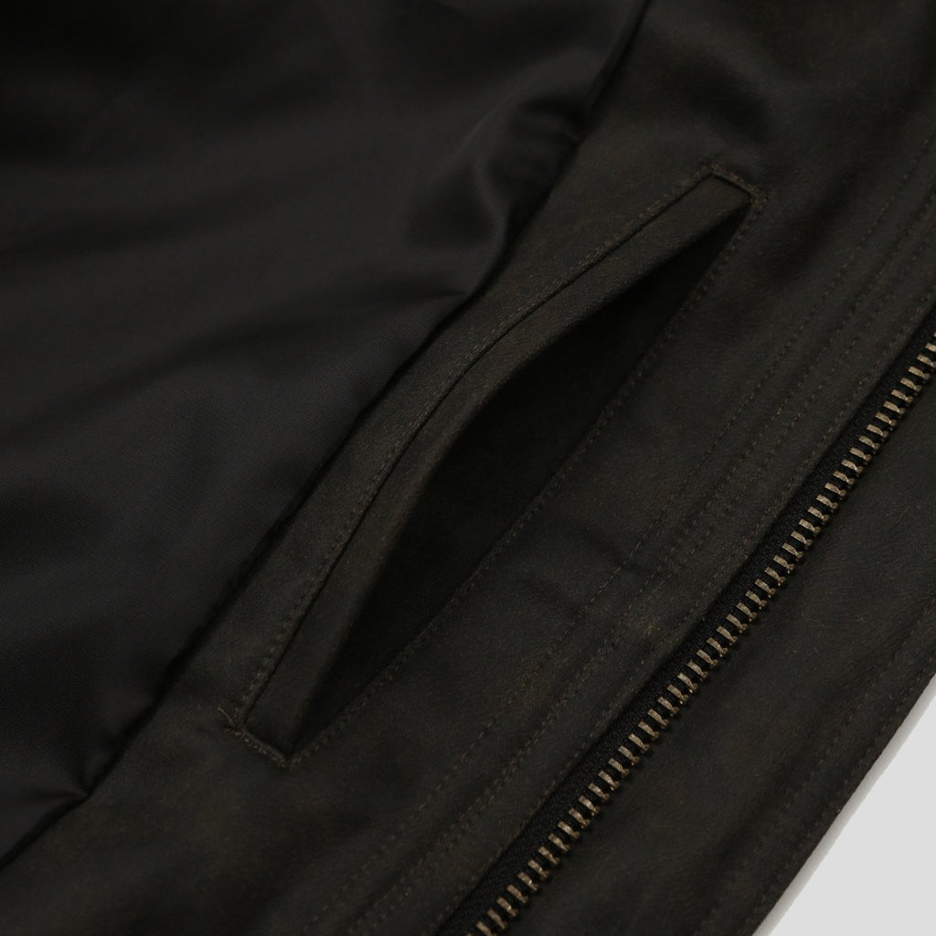 Khaki brown crackle Harrington jacket flap pocket and zip detail