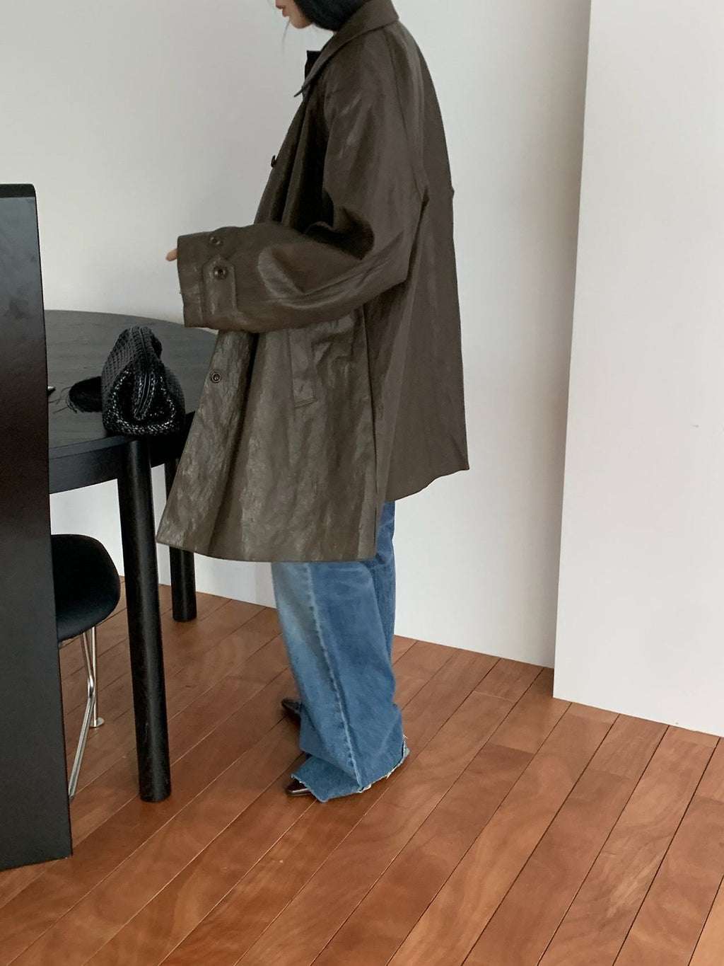 Brown leather-look shirt jacket collar and button detail