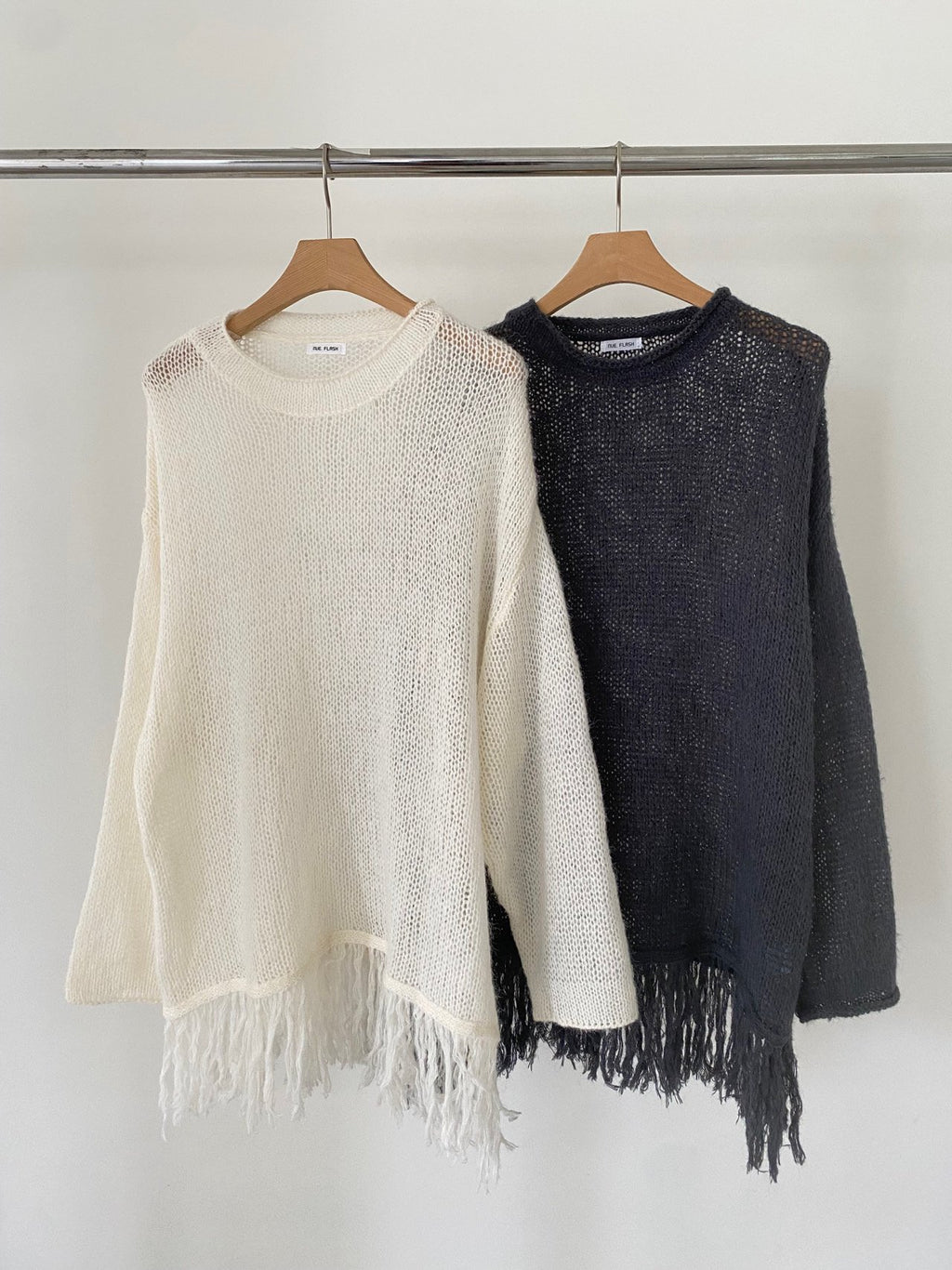 Open-Knit Fringe Sweater Charcoal full body front view styled