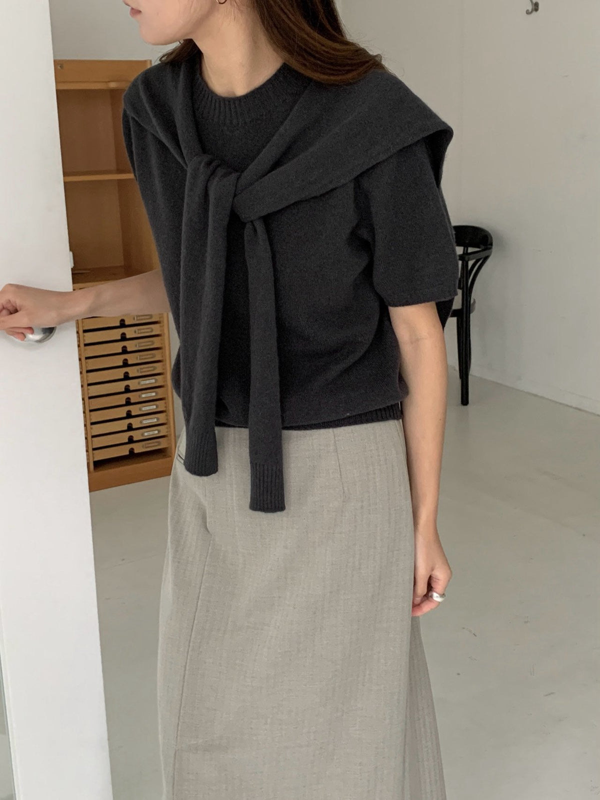 Crew Neck Short Sleeve Wool Knit Pullover