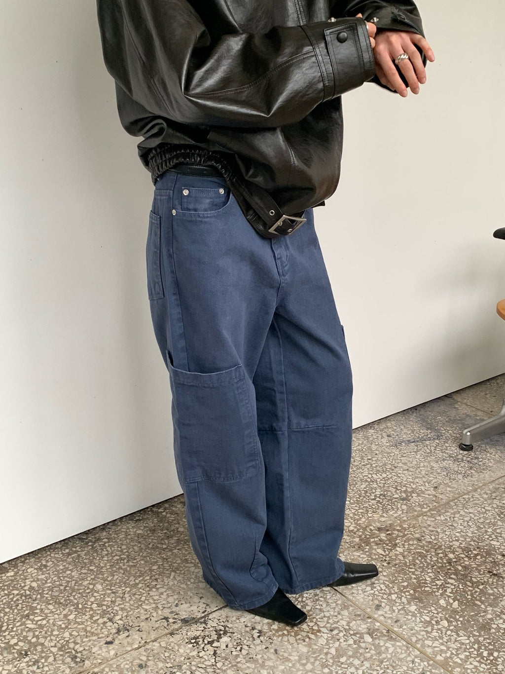 Vaara Cargo Pocket Curved Wide Pants — High Waist Button Zip Full Length