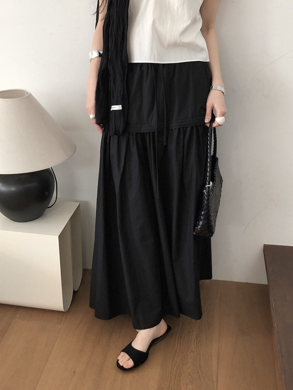 LeButter Pin Tuck Panel Maxi Skirt — Drawstring Elastic Waist