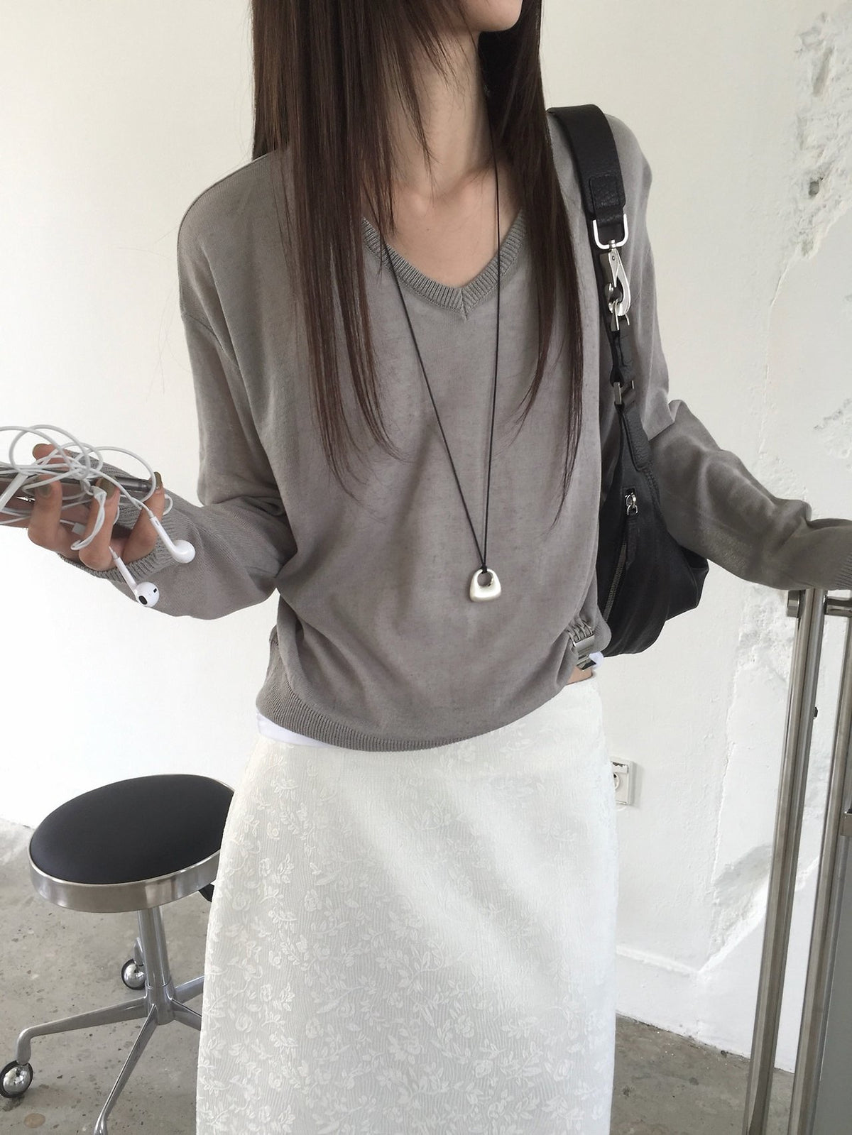 Nweol V-Neck Drop Shoulder Oversized Knit Sweater