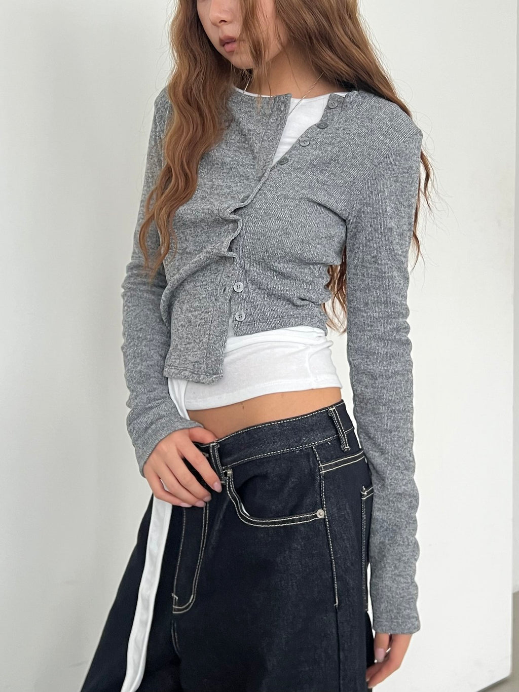 Snap Button Cropped Rib Knit Cardigan