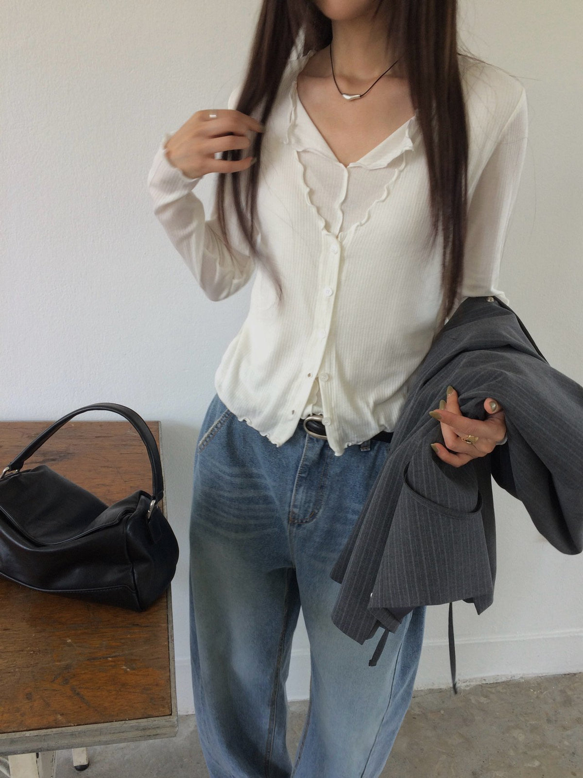 Wave Hem Ribbed Button-Front Long Sleeve Top