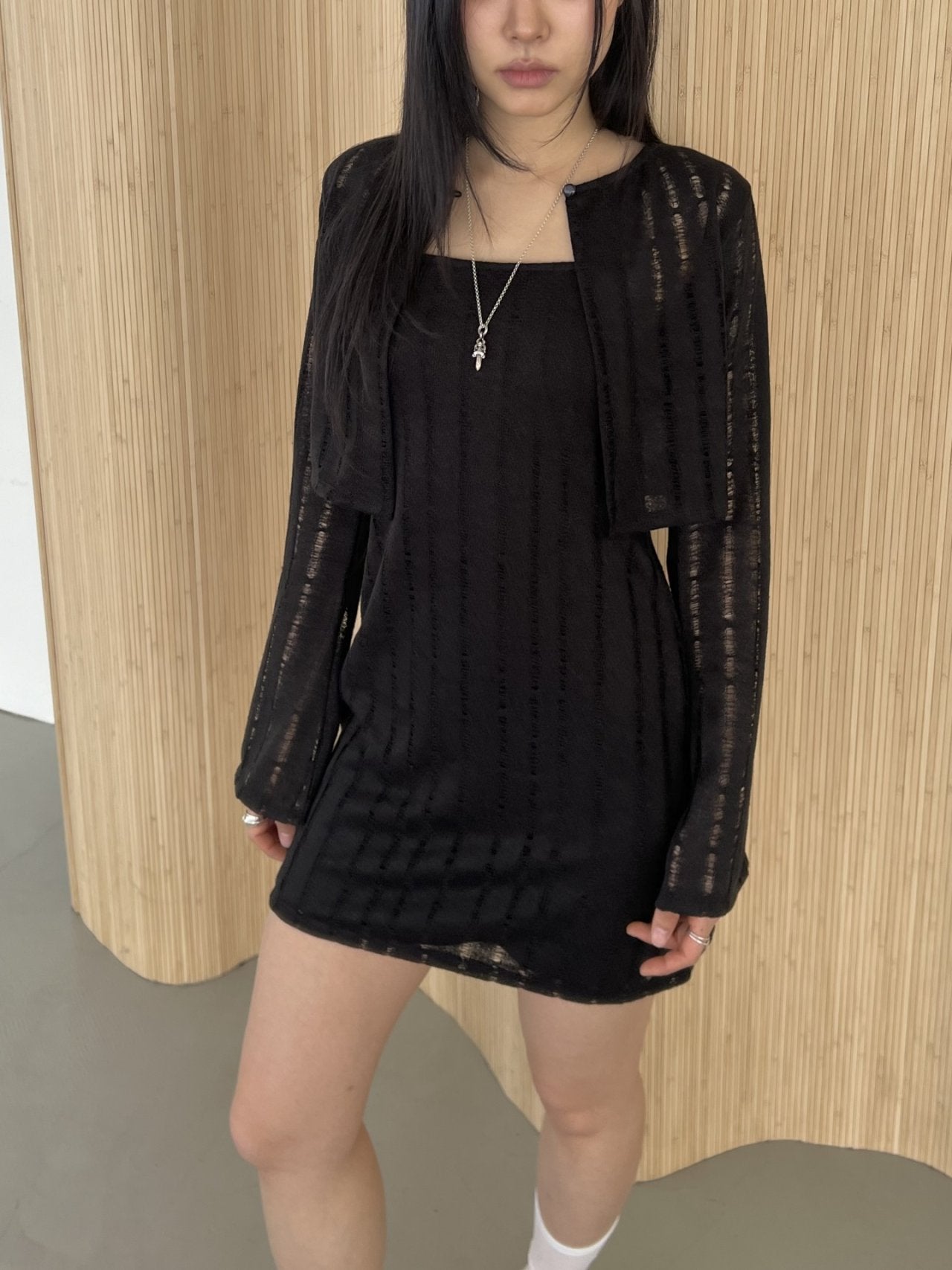 ASKHAKI Hole Knit Open-Front Cardigan & Square Neck Mini Dress Set