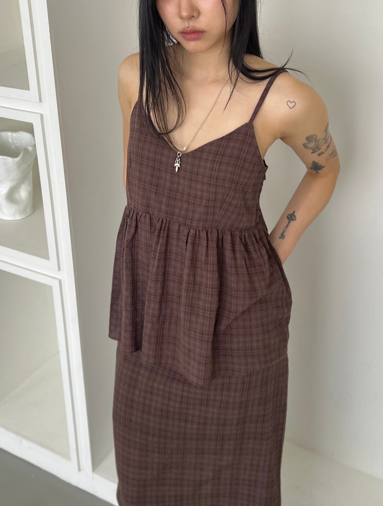 ASKHAKI Check Texture Spaghetti Strap Blouse and Maxi Skirt Set