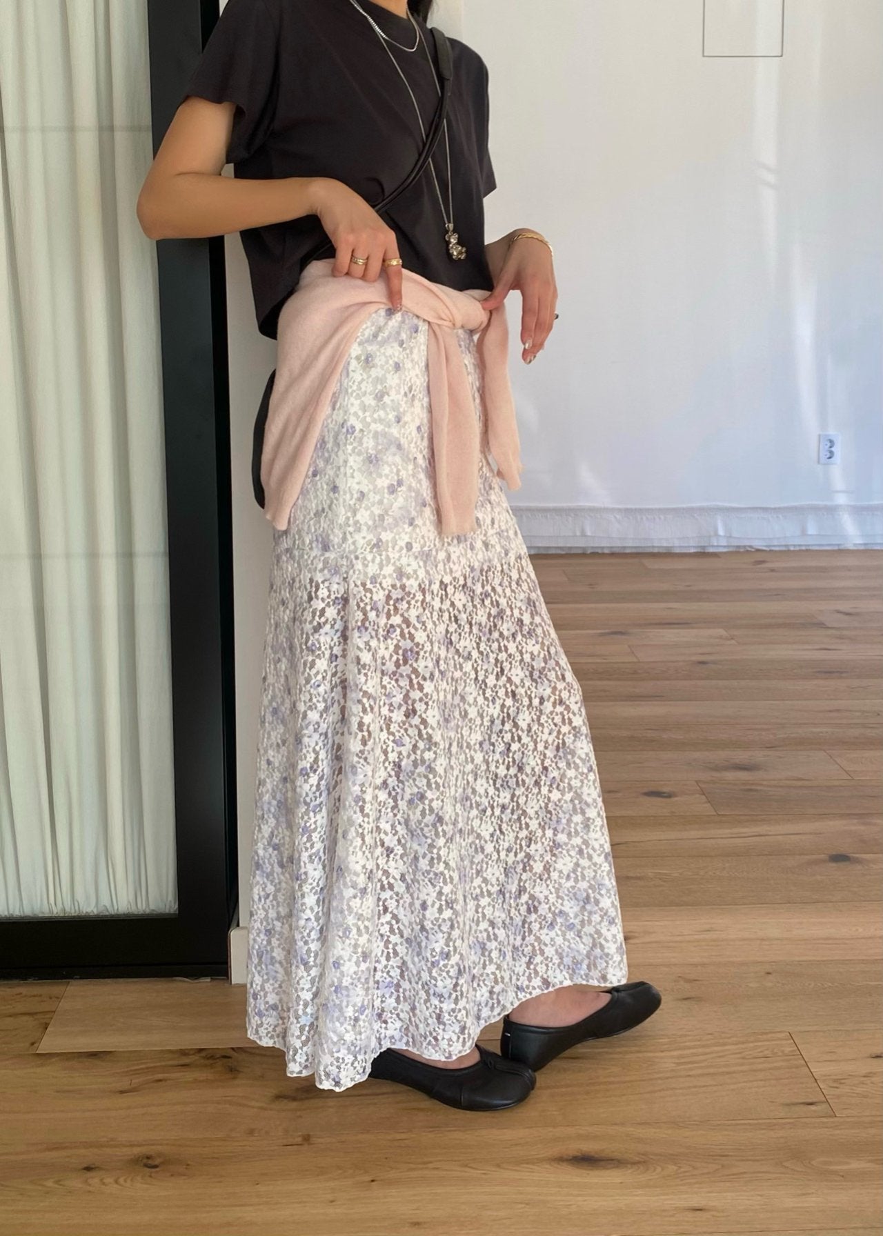 OUPPT Floral Lace Elastic Waist Maxi Skirt with Flared Hem