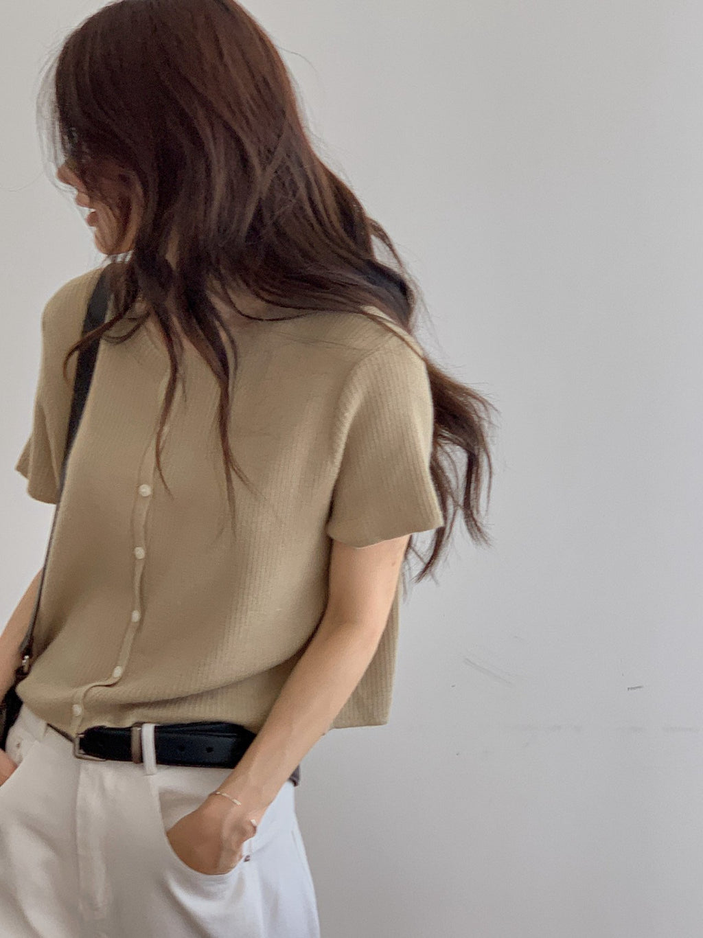 Round Neck Button Front Cropped Ribbed Short Sleeve Cardigan